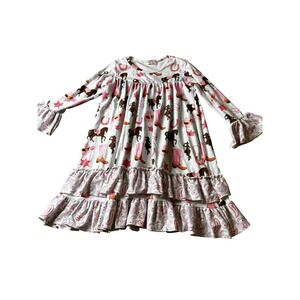 Pete + Lucy Girls Western Cowgirl Horse Print Ruffle Dress Pink Brown Size 5